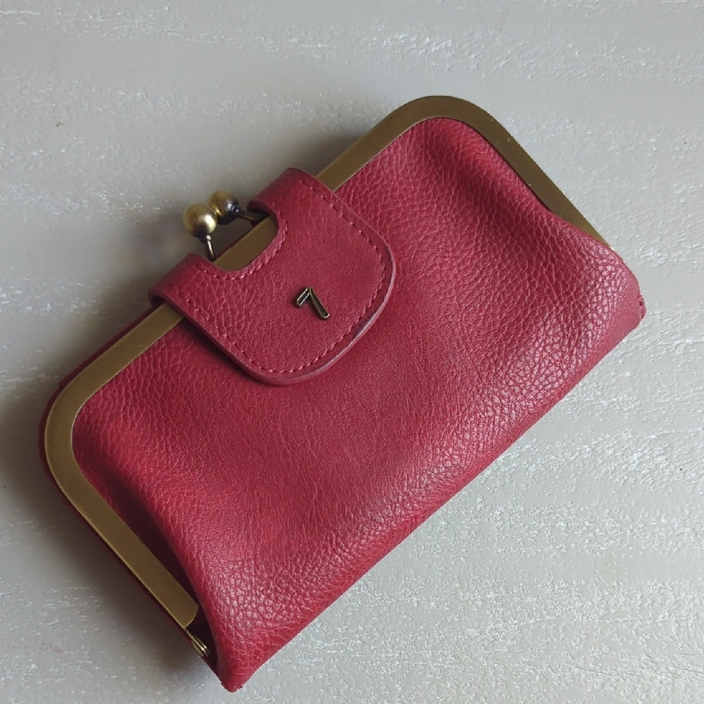 Red‎ Leather Kiss-Lock Clutch Wallet Faux Leather